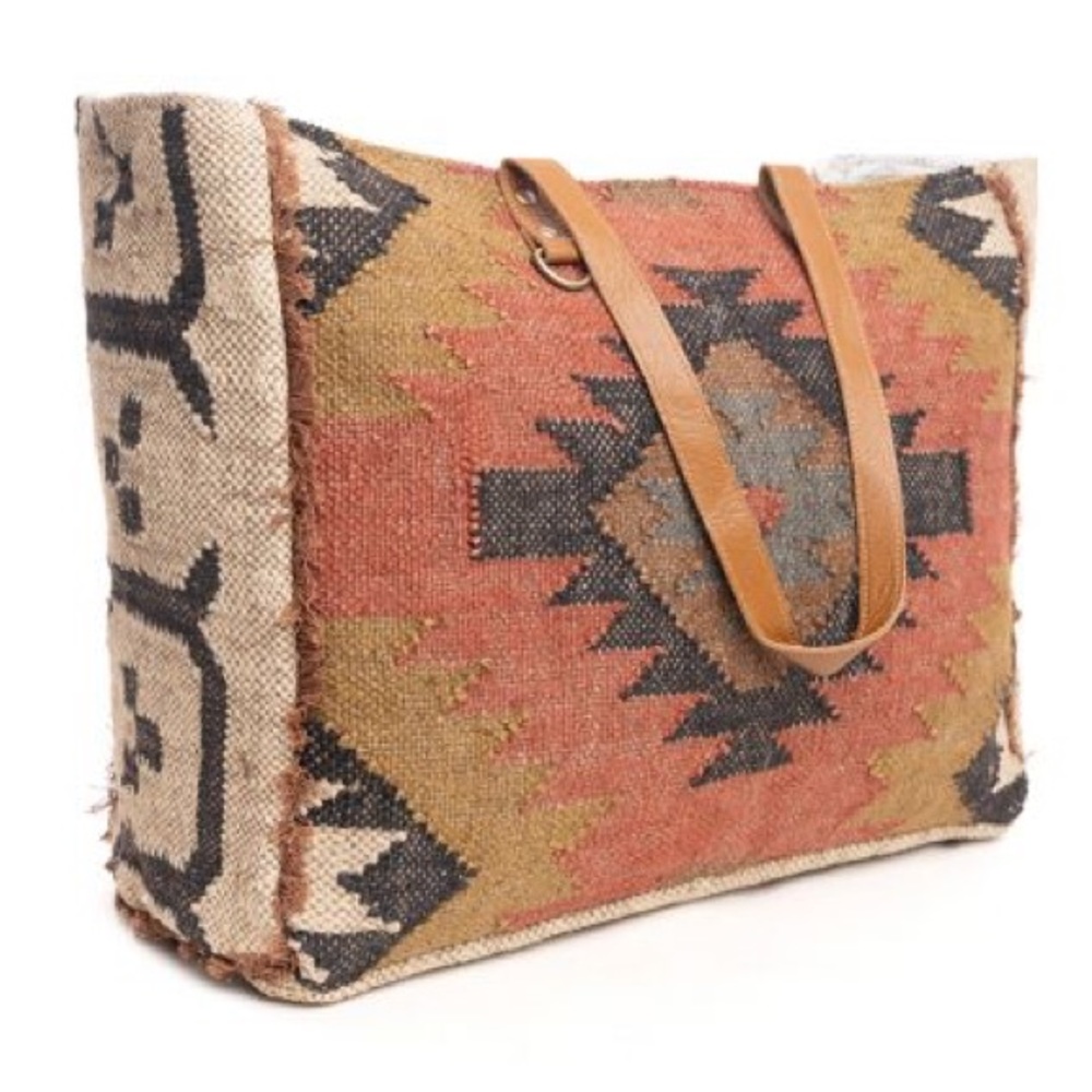 Fall Myra Bag upcycled Rug Canvas Leather Weekender Travel XL extra large Tote - Picture 3 of 7